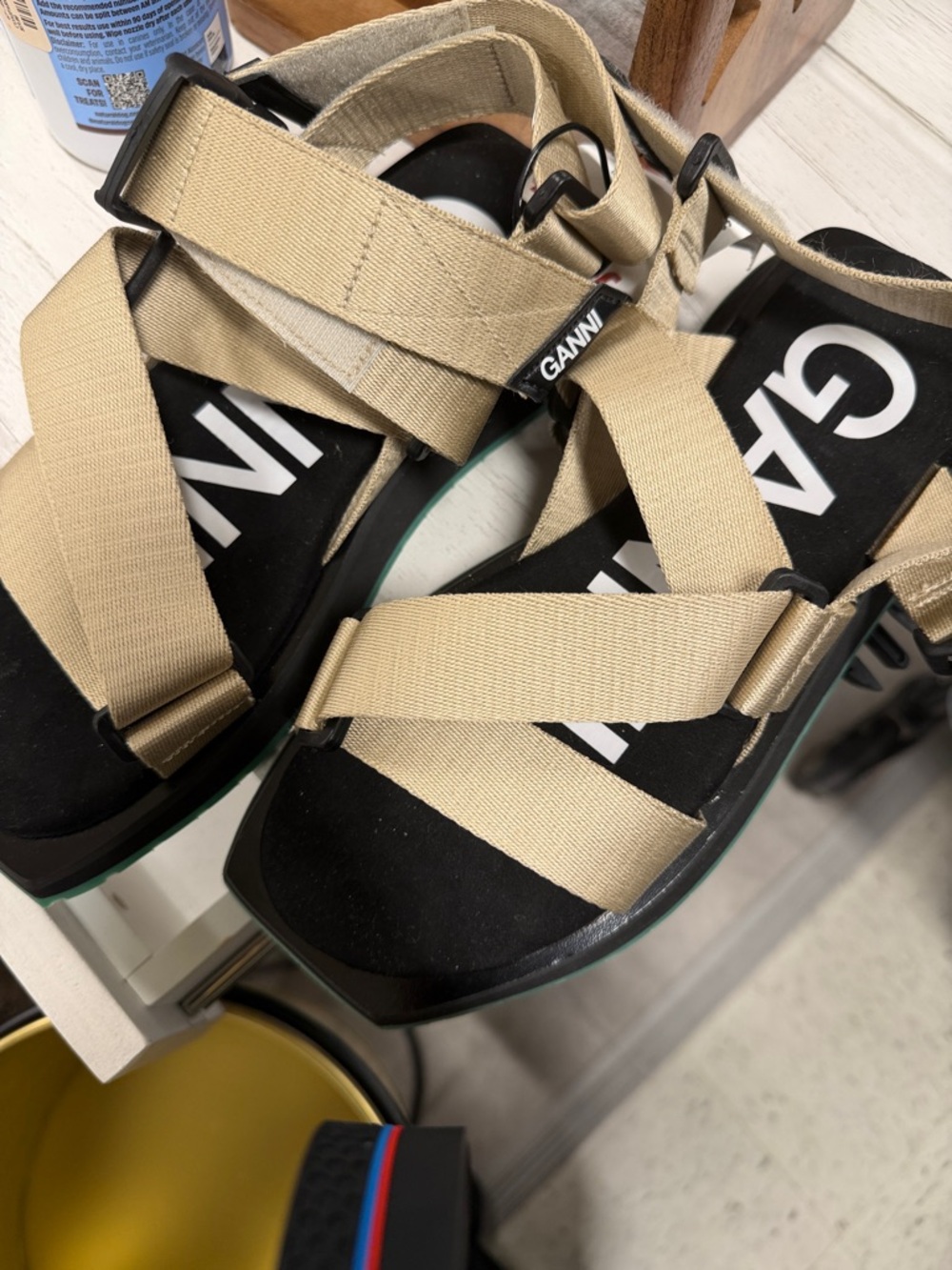 Ganni Beige Strappy Webbing Platform Sandals with Black Footbed
